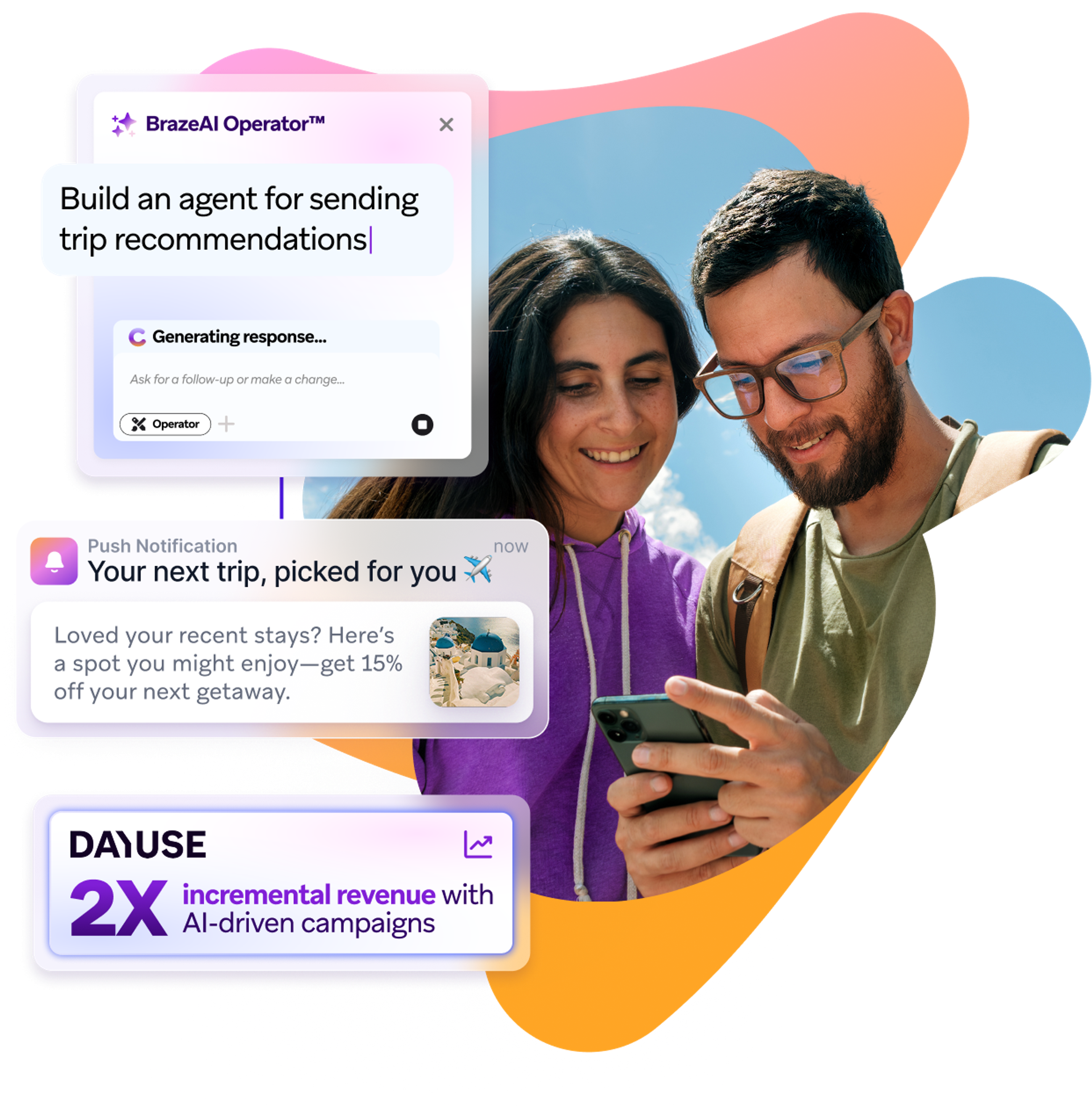 A smiling couple looks at a smartphone, surrounded by AI-powered marketing UI displaying trip recommendations, personalized notifications, and revenue growth.