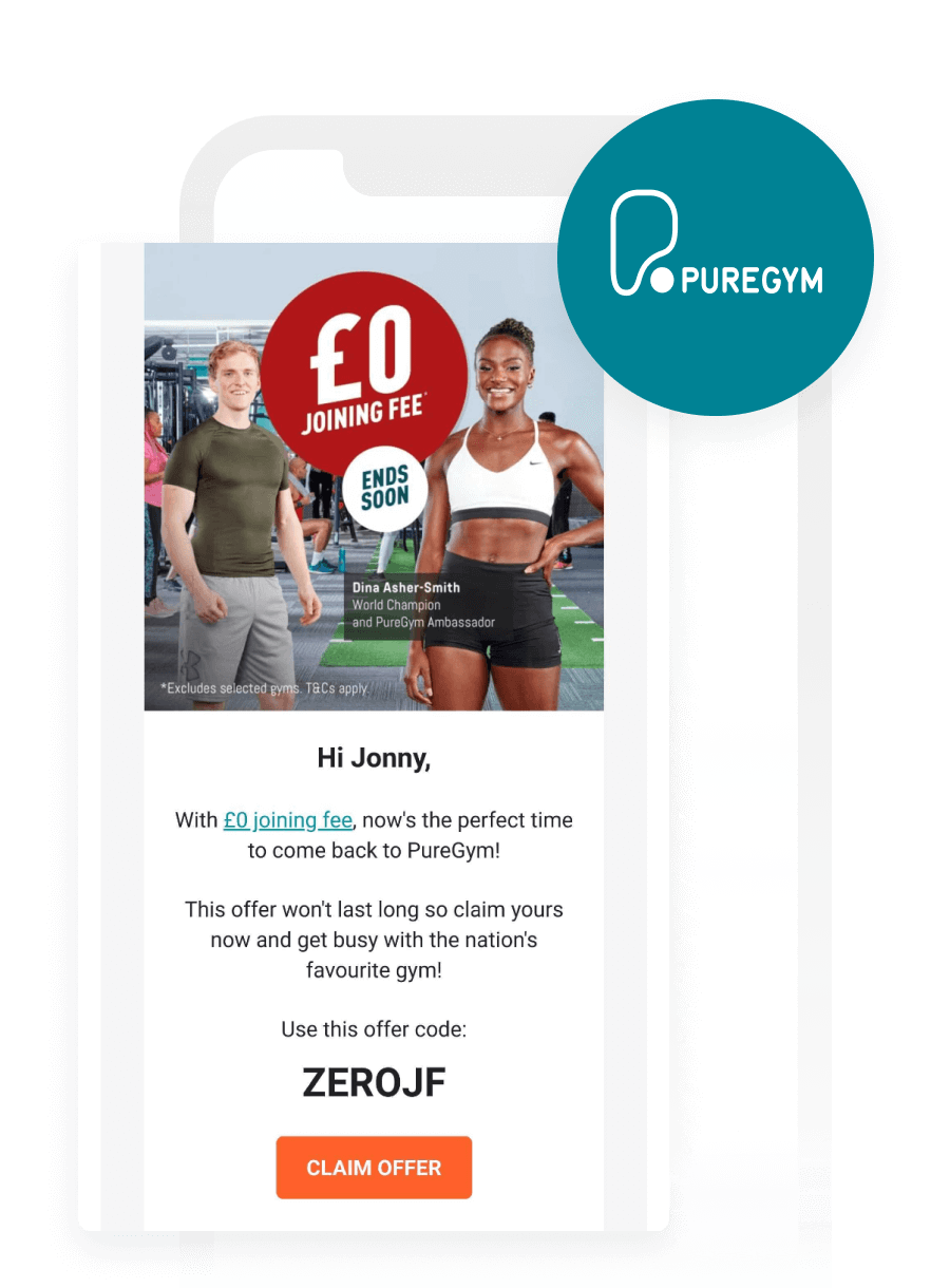 An email advertisement from PureGym promoting a £0 joining fee. It features images of two fitness ambassadors and a call-to-action button to claim the offer.
