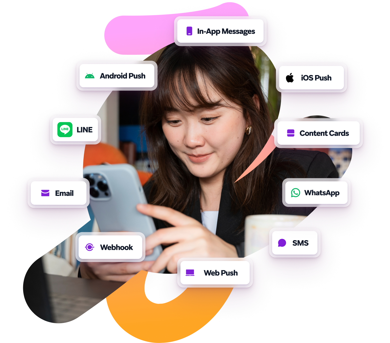 a woman is looking at her phone with a speech bubble that says in-app messages