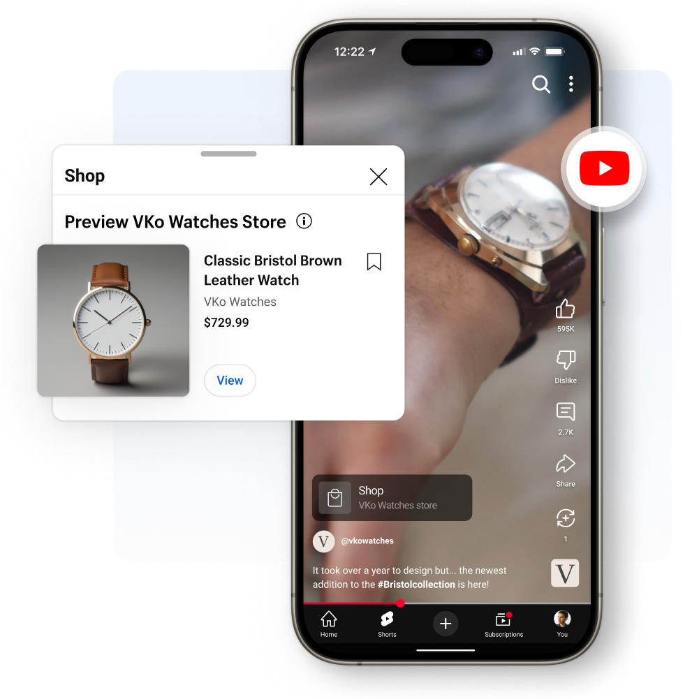 A close up video featured on YouTube Shorts of a man wearing a brown watch on their wrist. A product tile that features a brown watch for sale it overlayed on the window of the video.