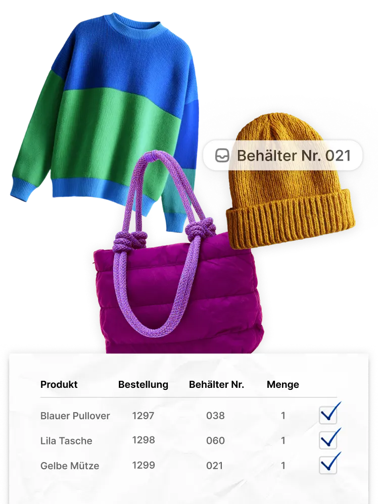 Eine Auswahl an bunten Kleidungsstücken: ein blauer und grüner Pullover, eine gelbe Mütze und eine magentafarbene Tragetasche