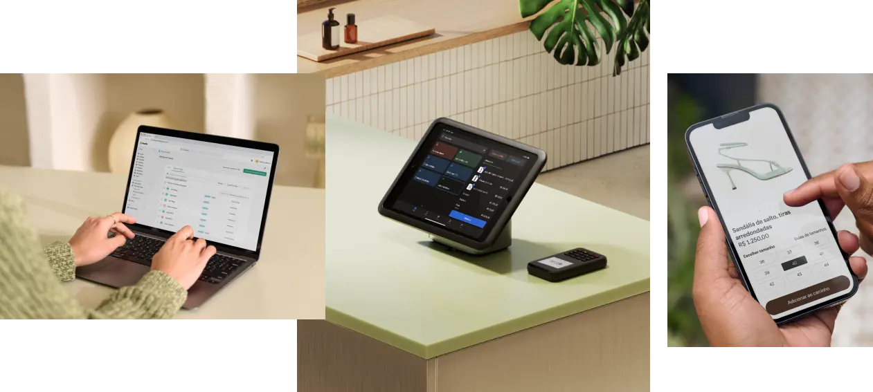 Colagem de imagens. Primeira imagem: foco em uma vendedora usando um laptop visto da perspectiva dela. A tela do laptop exibe o admin da Shopify em que a vendedora está vendo a página de gestão de equipe. Segunda imagem: um tablet rodando o software do Shopify PDV, montado em um suporte para tablets sobre o balcão de vendas. Terceira imagem: foco em um comprador com um celular, navegando em um site de varejo. A tela exibe a página de detalhes de uma sandália de salto alto. Na parte de baixo da página, há um botão em destaque com o texto: "Adicionar ao carrinho."