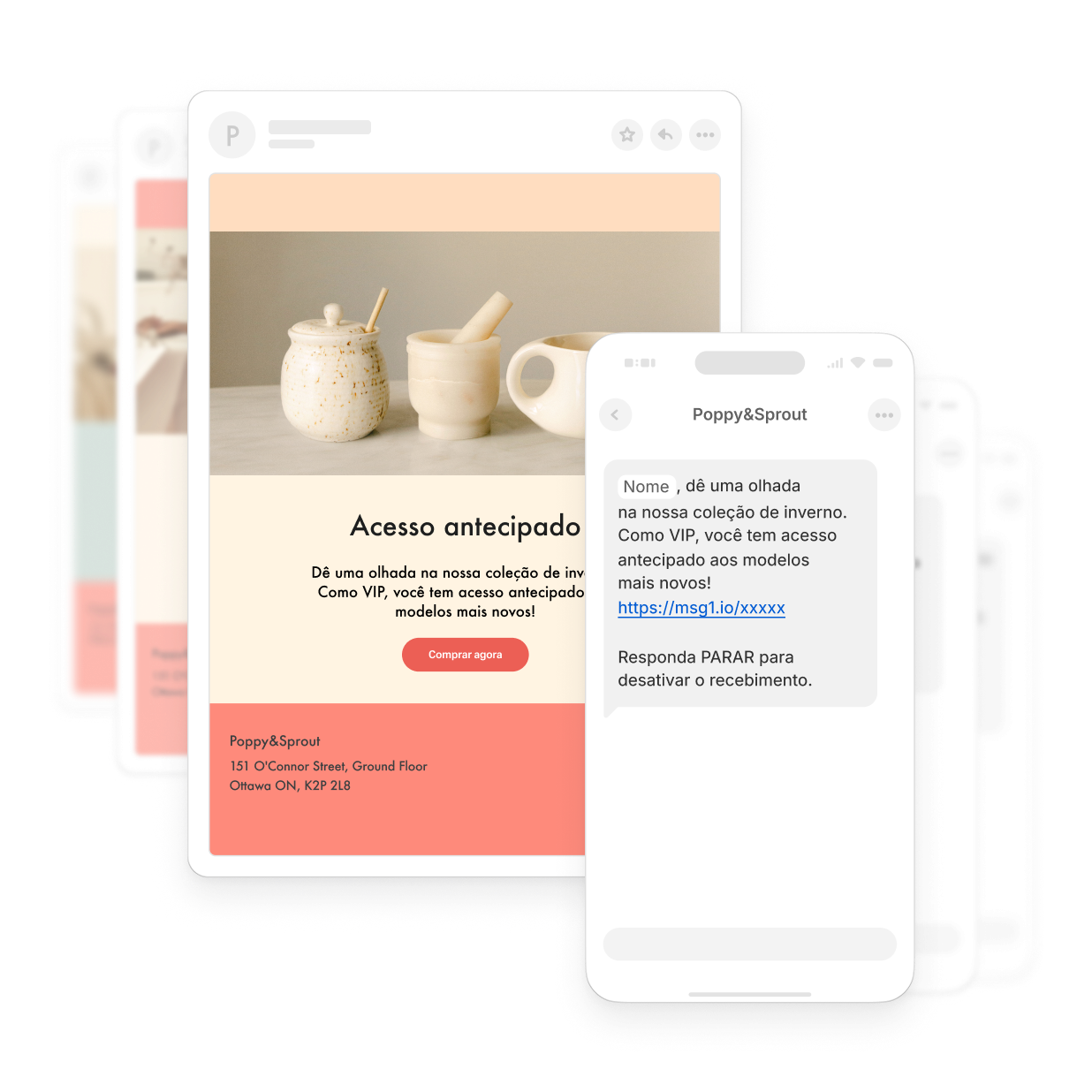 A imagem exibe uma pilha de cartões promocionais contendo descontos, atualizações de produtos e ofertas antecipadas que podem ser enviados por e-mail ou SMS. O cartão promocional superior apresenta a marca de exemplo Poppy&Sprout mostrando três recipientes de cozinha feitos de cerâmica.