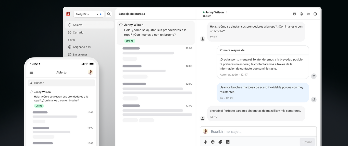 Una pantalla móvil y de escritorio de Shopify Inbox mostrando un mensaje de un cliente, Jenny Wilson.