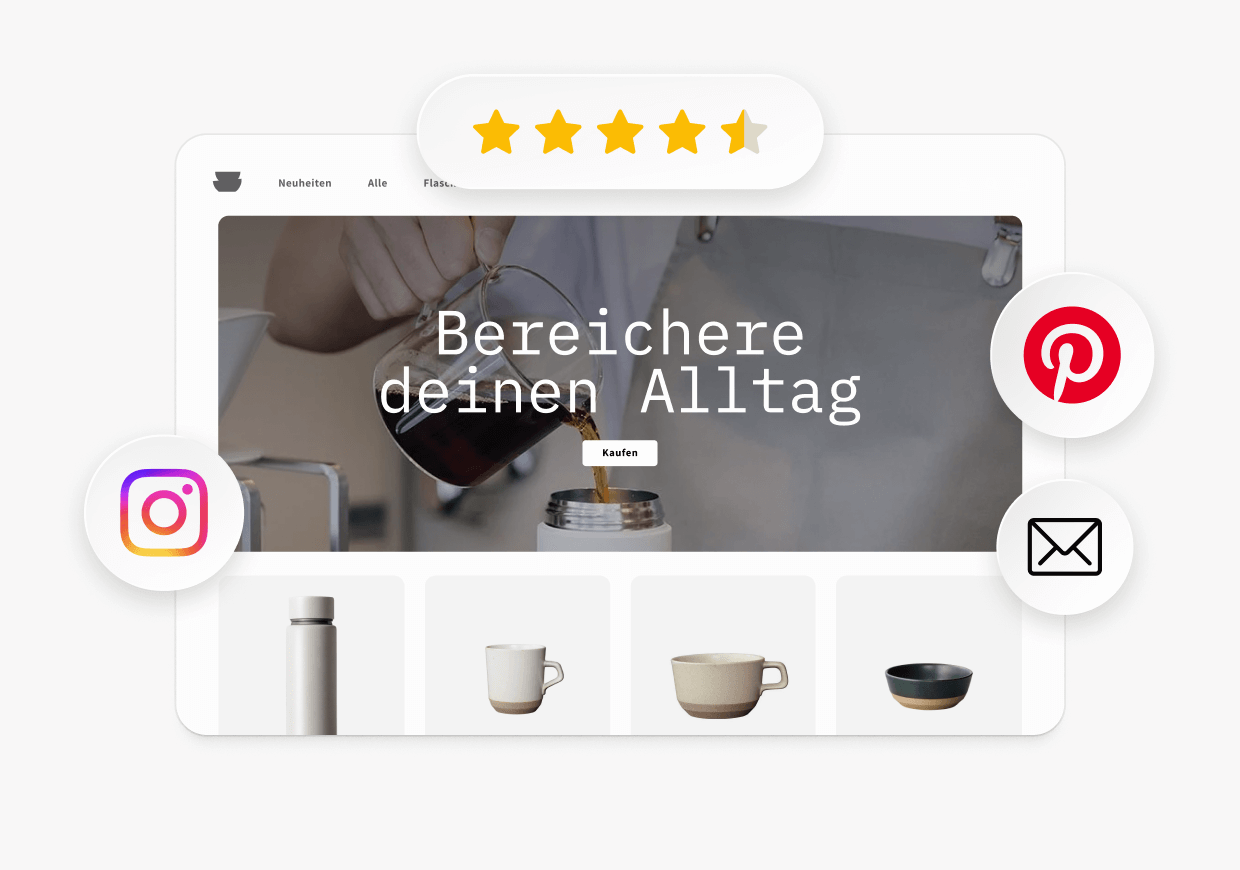 Die Startseite eines Onlineshops erscheint daneben – mit einem 4,5-Sterne-Badge und Social-Media-Icons für Pinterest und Instagram.