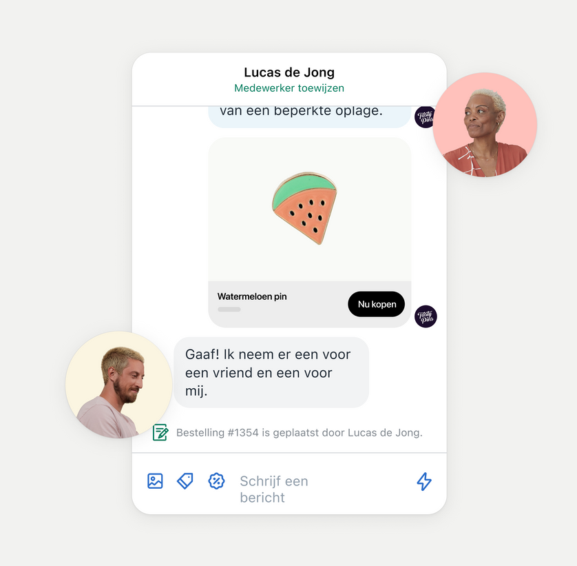Een geopend chatvenster met een gesprek over een bestelling tussen een winkelmedewerker en een klant. Bij de opmerkingen van de medewerker staat een afbeelding van een vrouw en bij de reacties van de klant een afbeelding van een man.