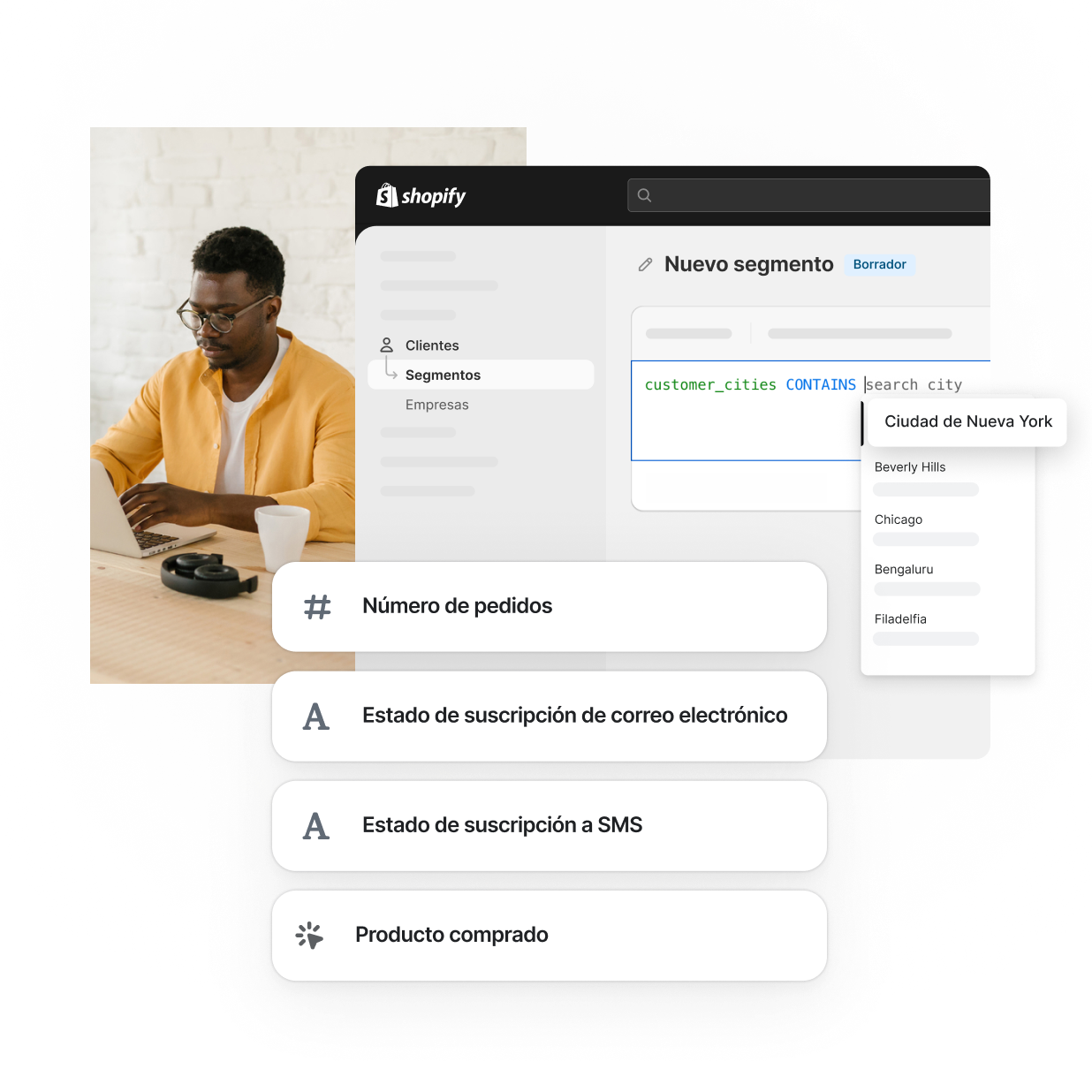 El panel de control de Shopify muestra filtros para diferentes segmentos, como la ubicación, el número de pedidos, el estado de la suscripción al correo electrónico y los SMS y los productos comprados. Se muestra a una persona comerciante afroamericana con una camisa amarilla tecleando en su portátil y trabajando de forma eficiente.