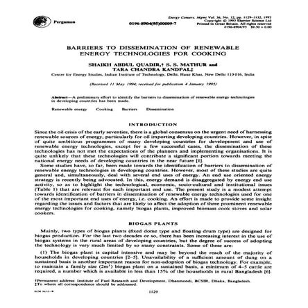 BARRIERS TO DISSEMINATION OF RENEWABLE ENERGY TECHNOLOGIES FOR COOKING