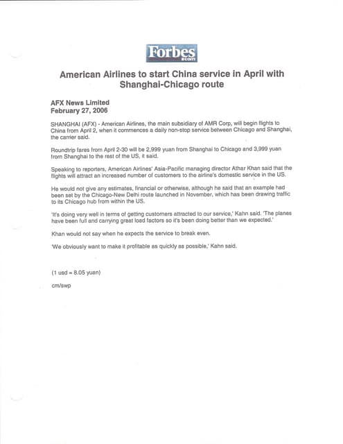 AA Begins Chicago Shanghai Route