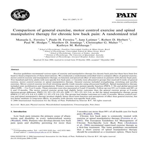2007 comparison of general exercise, motor control exercise and spinal manipu...