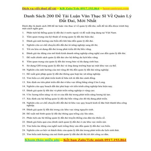 201 Đề Tài Luận Văn Thạc Sĩ Về Quản Lý Đất Đai, Mới Nhất.docx