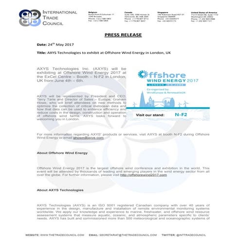 AXYS Technologies to exhibit at Offshore Wind Energy in London,UK