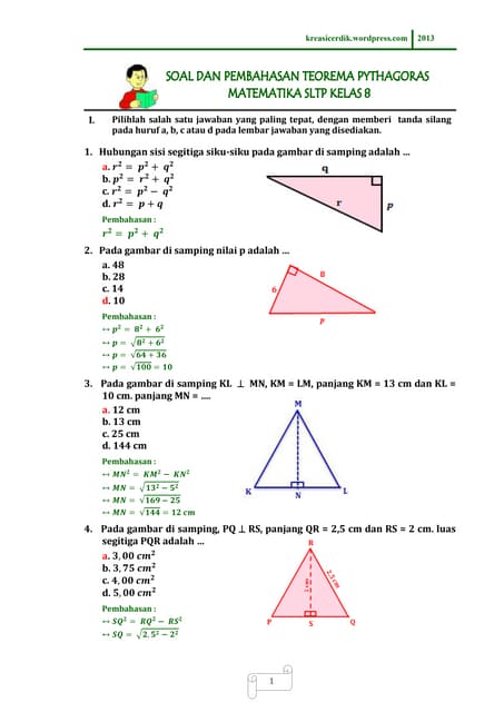 (8.8.1) soal dan pembahasan teorema pythagoras, matematika sltp kelas 8