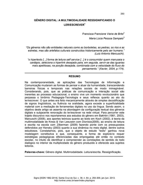 GÊNERO DIGITAL: A MULTIMODALIDADE RESSIGNIFICANDO O  LER/ESCREVER