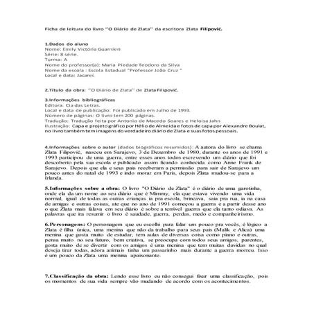 Primeira ficha de leitura do livro ''O Diário de Zlata'' 