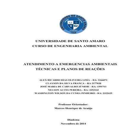 Atendimento a emergencias ambientais técnicas e planos de reações