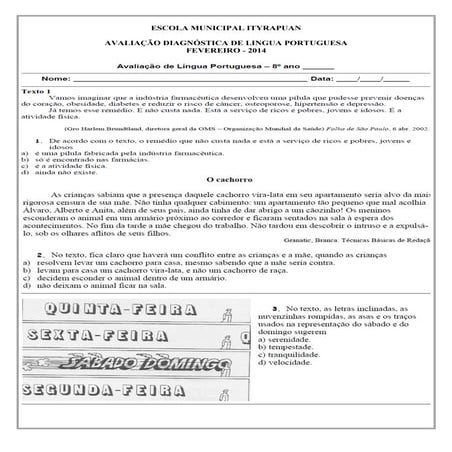 AVALIAÇÃO DIAGNÓSTICA LÍNGUA PORTUGUESA