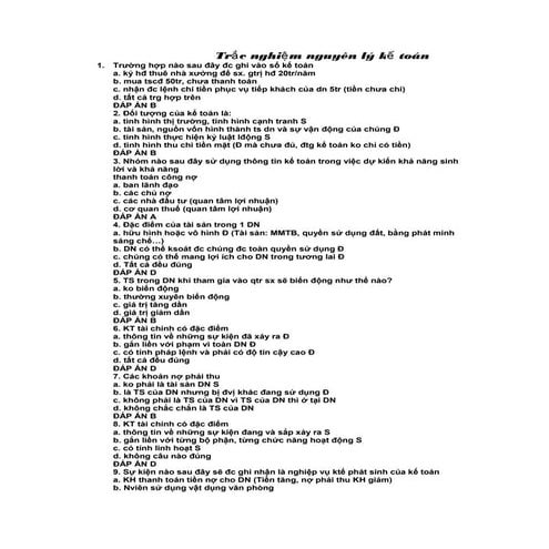 Bài tập trắc nghiệm nguyên lý kế toán có lời giải (đáp án)