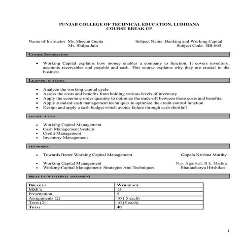 Banking and working capital mgt course module