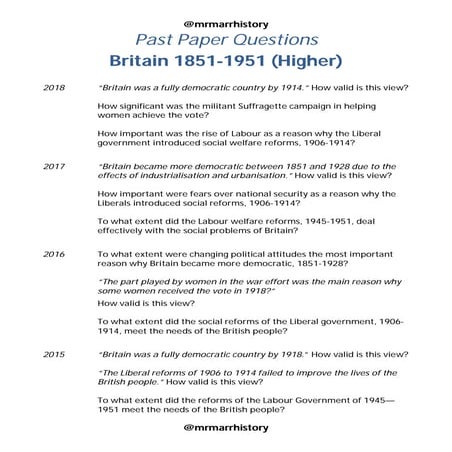 Higher History Past paper questions - Britain 1851-1951