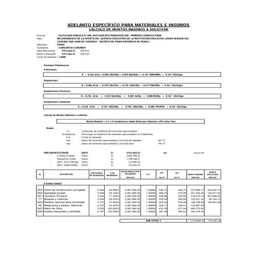 Calculo de adelanto materiales modelo d36-bb7