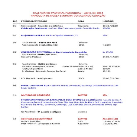 Calendário Pastoral Paroquial  abril 2014 - PNSSC
