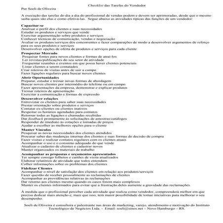 Checklist das tarefas do vendedor