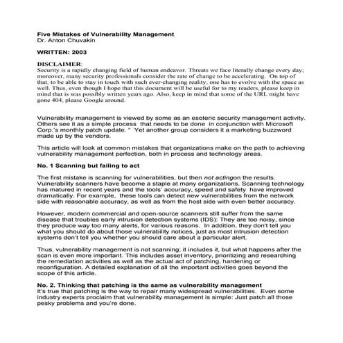 Five Mistakes of Vulnerability Management