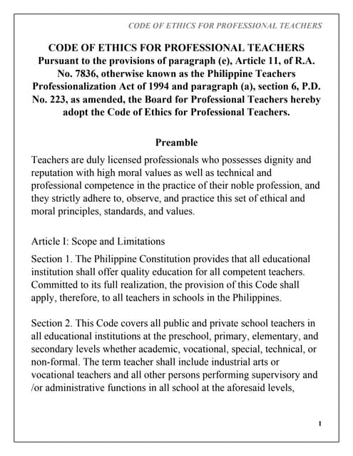 Code of ethics for professional teachers