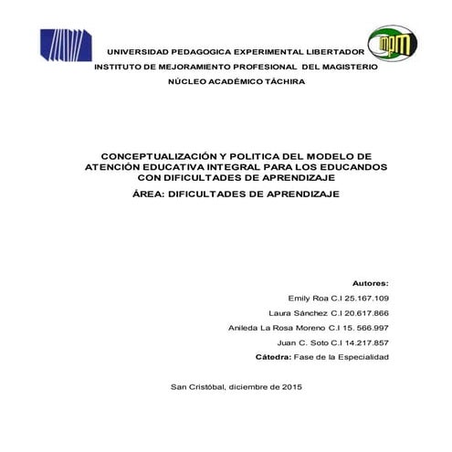 Conceptualizacion y politicas Dificultad de Aprendizaje