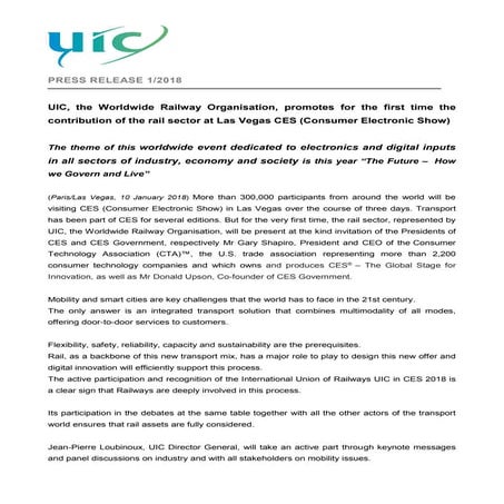 UIC promotes for the first time the contribution of the rail sector at Las Ve...