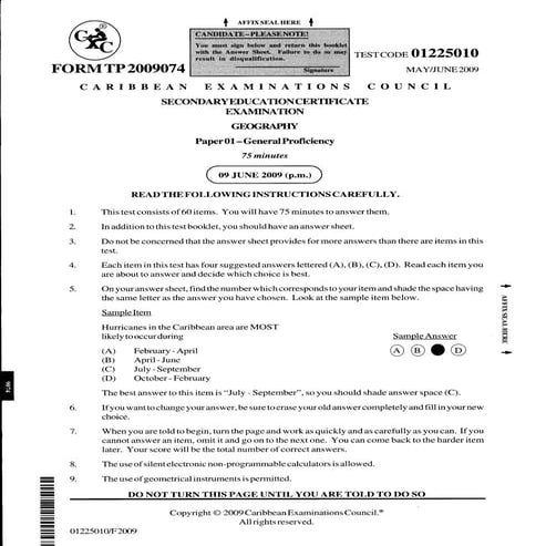 CSEC GEOGRAPHY 2009 multiple choice past paper