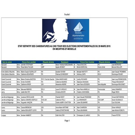 Départementales  tableau des candidatures second tour en Meurthe-et-Moselle