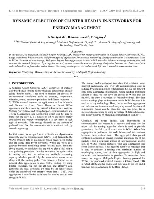 Dynamic selection of cluster head in in networks for energy management