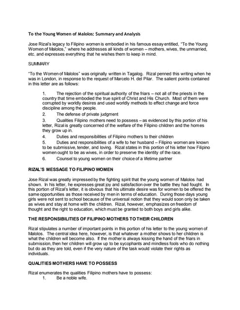 To the Young Women of Malolos: Summary and Analysis