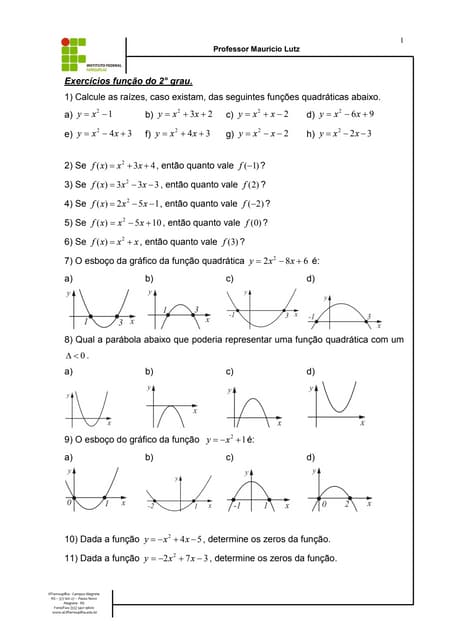 Exercícios função de 2° grau 2p