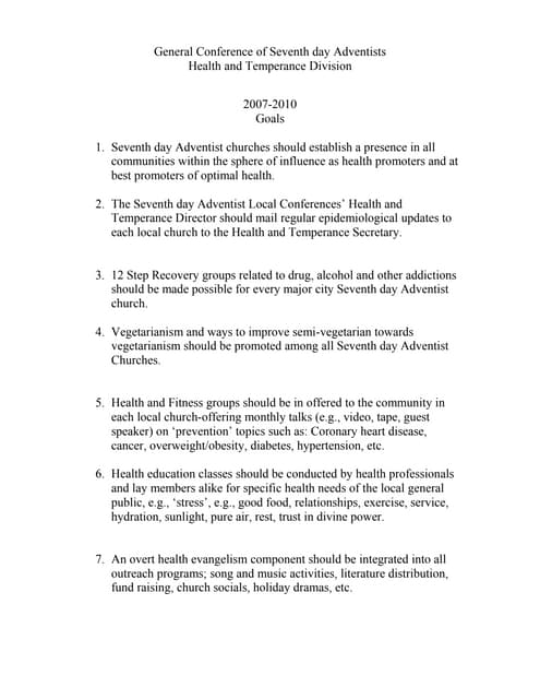 General Conference Of Seventh Day Adventists Goals
