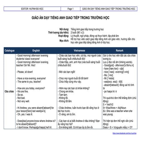 Giáo án nghiệp vụ đàm thoại tiếng anh trong nhà trường