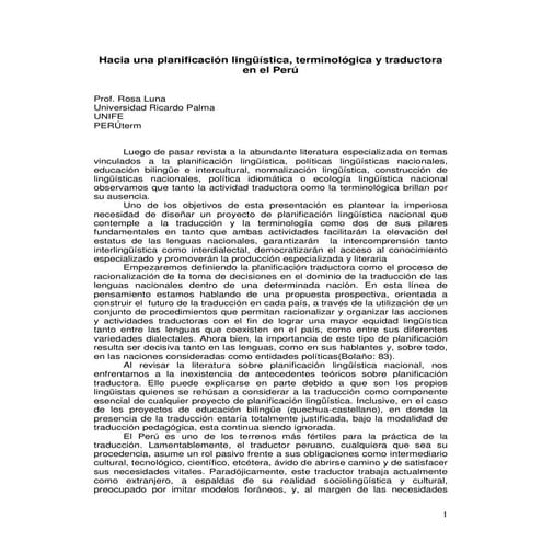 Hacia la planificación lingüística, traductora y terminológica. Rosa Luna