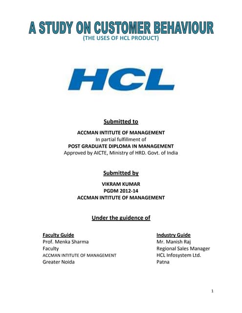 Hcl summer internship project A STUDY ON CONSUMER BEHAVIOR