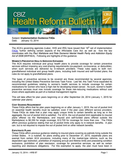 Health Reform Alert - Implementation Guidance FAQs
