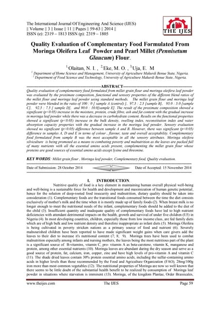 Quality Evaluation Of Complementary Food Formulated From Moringa Oleifera Lea...