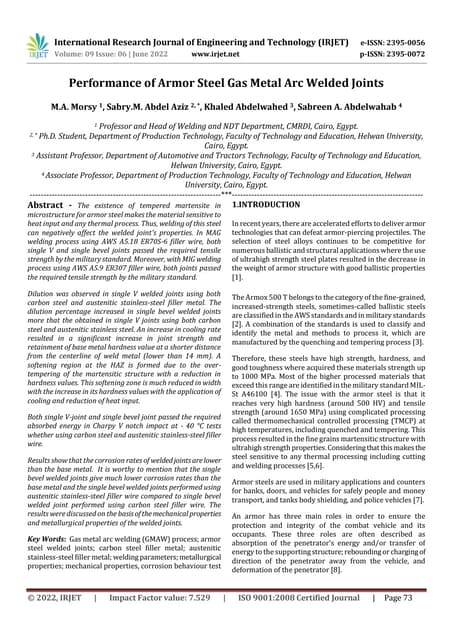 Performance of Armor Steel Gas Metal Arc Welded Joints