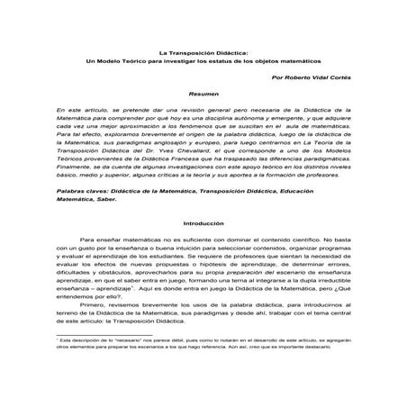 La Transposición Didáctica: Un Modelo Teórico para investigar los estatus de ...