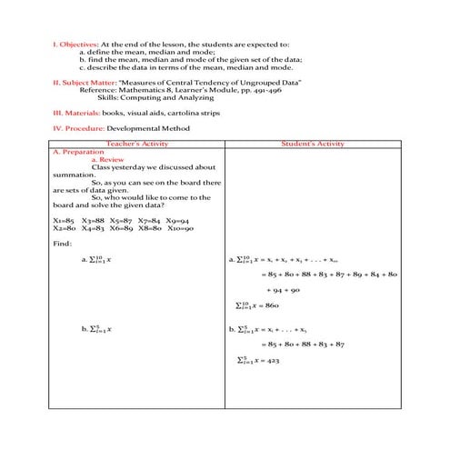Lesson Plan- Measures of Central tendency of Data