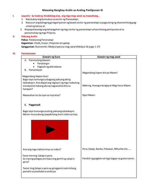 Lesson plan ekonomiks pananalapi