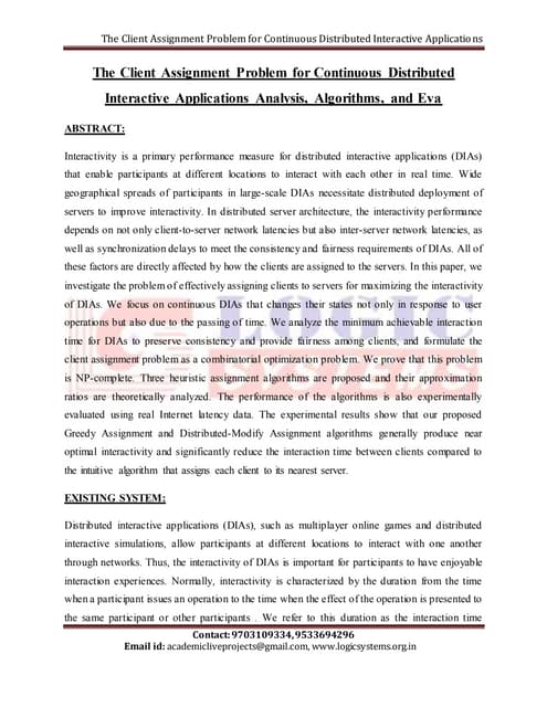 the client assignment problem for continuous distributed interactive applicat...