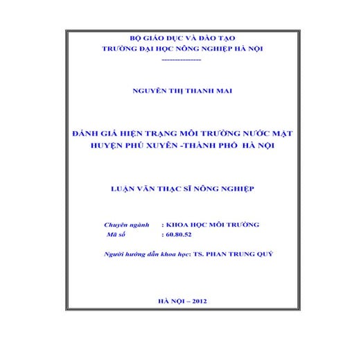 Luận văn:  Đánh giá hiện trạng môi trường nước mặt và đề xuất một số giải phá...