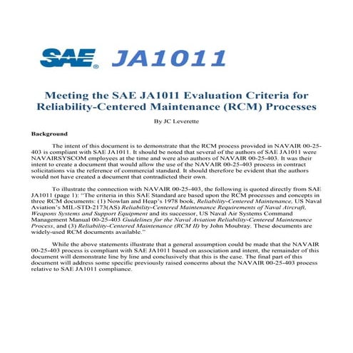 Meeting the SAE JA1011 Evaluation Criteria for RCM Processes