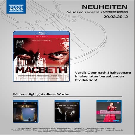 Blu-ray, DVD- und CD-Neuheiten Februar 2012 Nr. 3 (Im Vertrieb der NAXOS Deut...